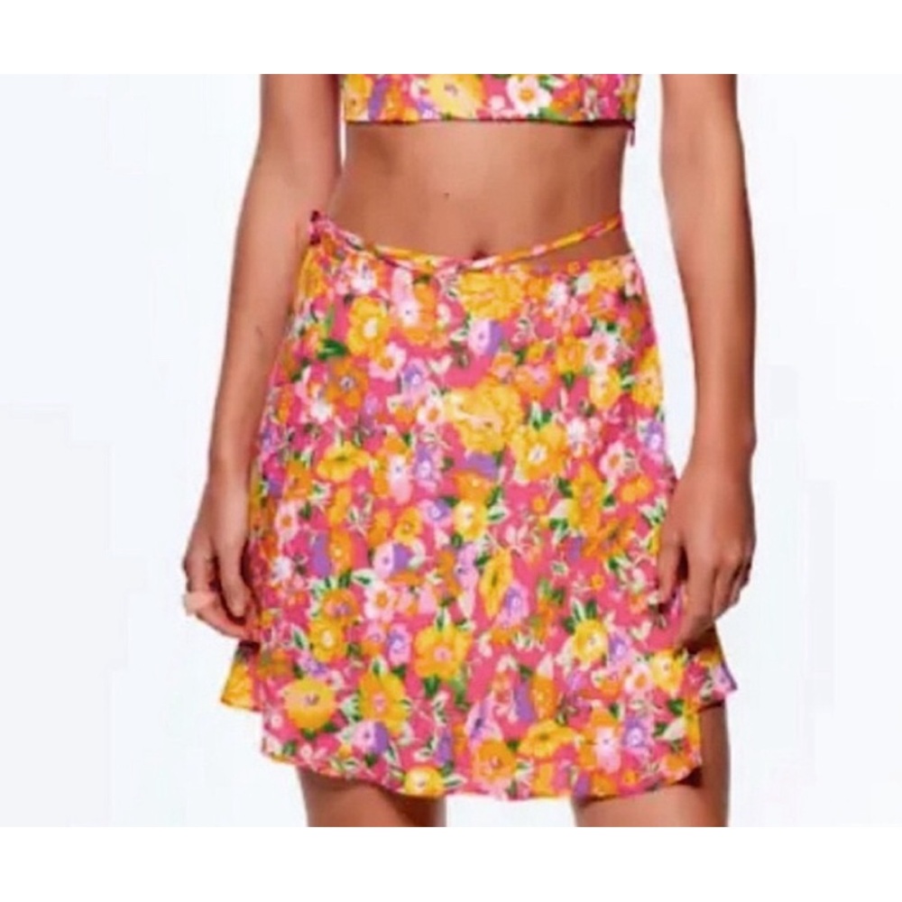 Zara Women’s Spring Pink Orange Purple Floral Wrap Side Tie Skirt Size‎ Small